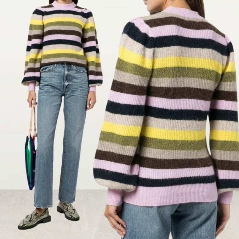 Ganni Striped Balloon Sleeve Sweater Merino Wool Alpaca Pink Black Yellow Medium